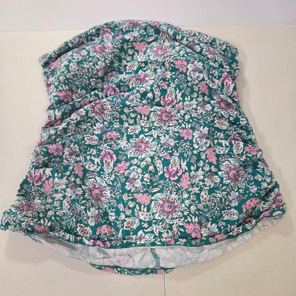 Floral Bandeau Tankini Top Teal Pink Purple Ruched Strapless Swimwear Size L